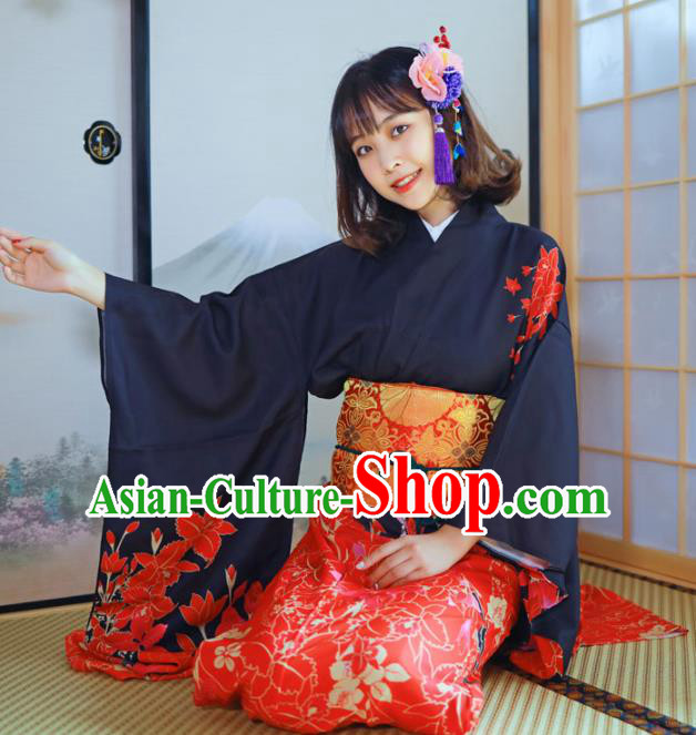 Asian Japan Stage Performance Furisode Kimono Costume Japanese Traditional Young Woman Yukata Dress