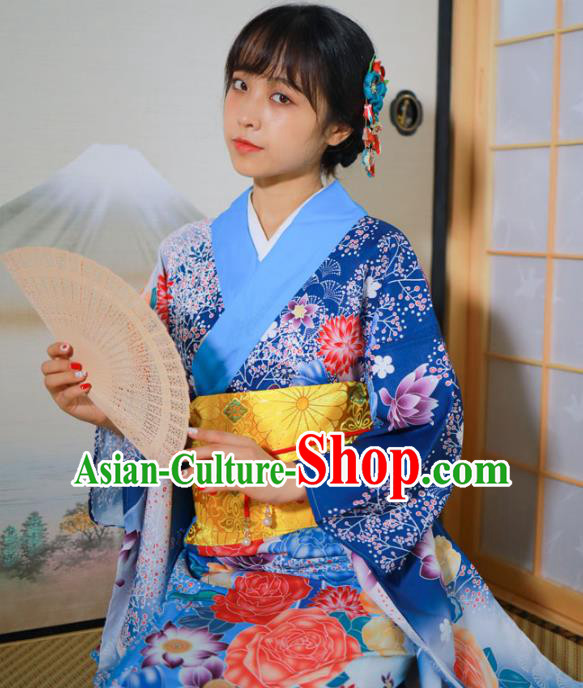 Asian Japan Printing Flowers Blue Furisode Kimono Costume Japanese Traditional Festival Young Lady Yukata Dress