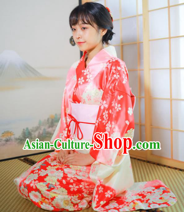 Asian Japan Wedding Bride Furisode Kimono Costume Japanese Traditional Young Lady Printing Sakura Pink Satin Yukata Dress