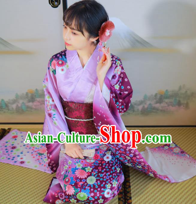 Asian Japan Printing Sakura Purple Satin Furisode Kimono Costume Japanese Traditional Wedding Bride Yukata Dress