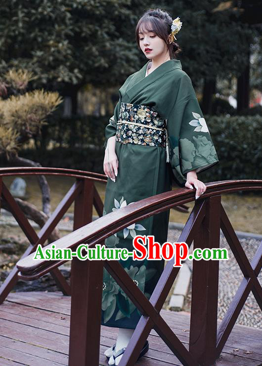 Asian Japan Printing Flowers Dark Green Kimono Clothing Japanese Traditional Summer Festival Yukata Dress