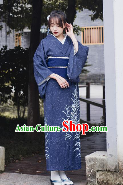 Japanese Traditional Summer Festival Printing Reed Deep Blue Yukata Dress Asian Japan Woman Kimono Clothing