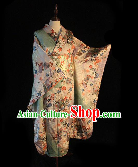 Japanese Traditional Wedding Bride Green Yukata Dress Asian Japan Court Printing Sakura Furisode Kimono Costume