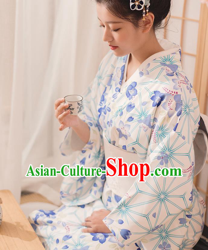Japanese Traditional Hanabi Taikai Yukata Dress Asian Japan Summer Festival Printing White Kimono Fashion