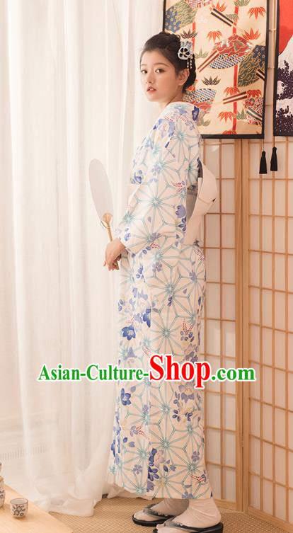 Japanese Traditional Hanabi Taikai Yukata Dress Asian Japan Summer Festival Printing White Kimono Fashion