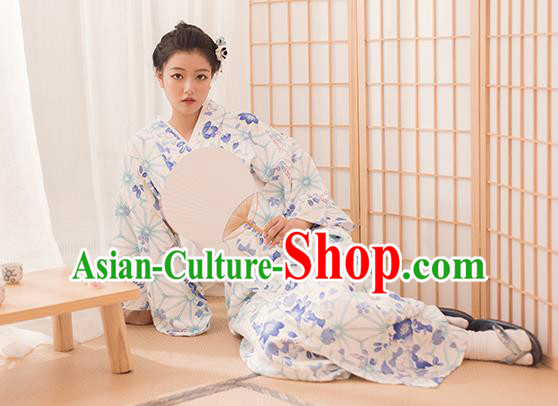 Japanese Traditional Hanabi Taikai Yukata Dress Asian Japan Summer Festival Printing White Kimono Fashion