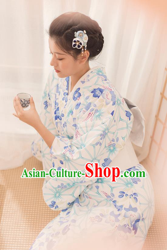 Japanese Traditional Hanabi Taikai Yukata Dress Asian Japan Summer Festival Printing White Kimono Fashion