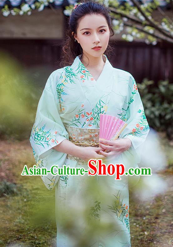 Japanese Traditional Young Lady Yukata Dress Asian Japan Summer Festival Printing Light Green Kimono Costume