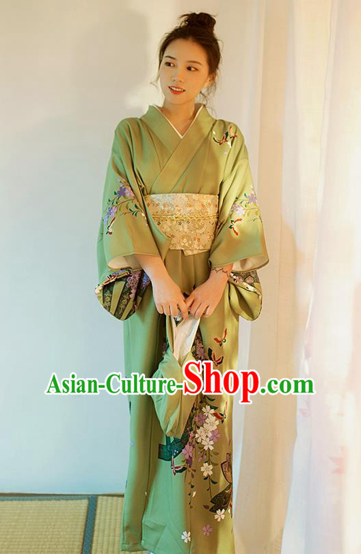 Japanese Traditional Summer Festival Young Lady Yukata Dress Asian Japan Printing Green Kimono Fashion