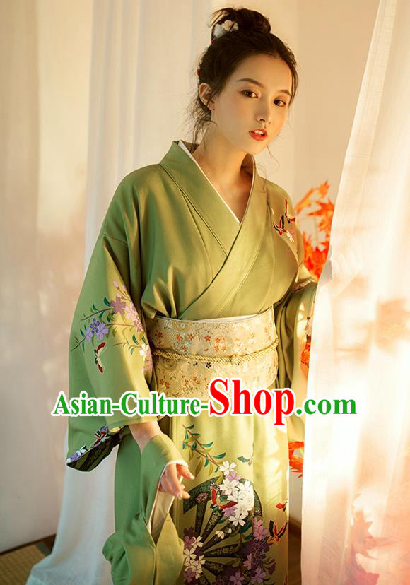 Japanese Traditional Summer Festival Young Lady Yukata Dress Asian Japan Printing Green Kimono Fashion