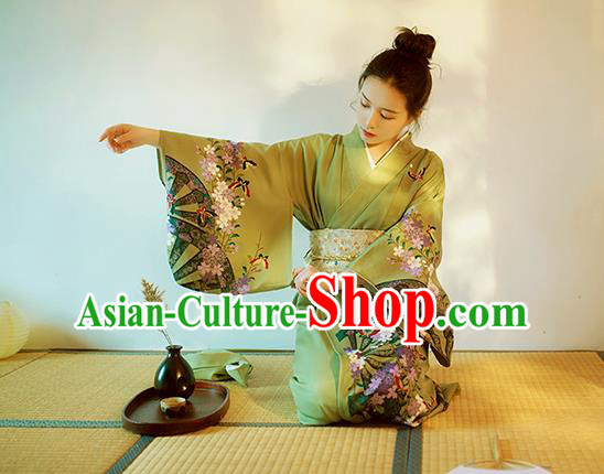 Japanese Traditional Summer Festival Young Lady Yukata Dress Asian Japan Printing Green Kimono Fashion