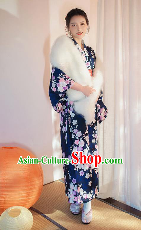 Japanese Traditional Printing Sakura Navy Yukata Dress Asian Japan Young Lady Kimono Fashion