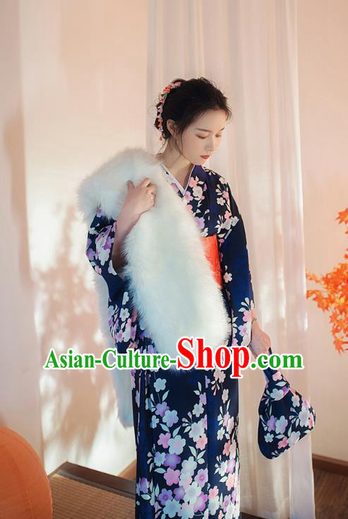 Japanese Traditional Printing Sakura Navy Yukata Dress Asian Japan Young Lady Kimono Fashion