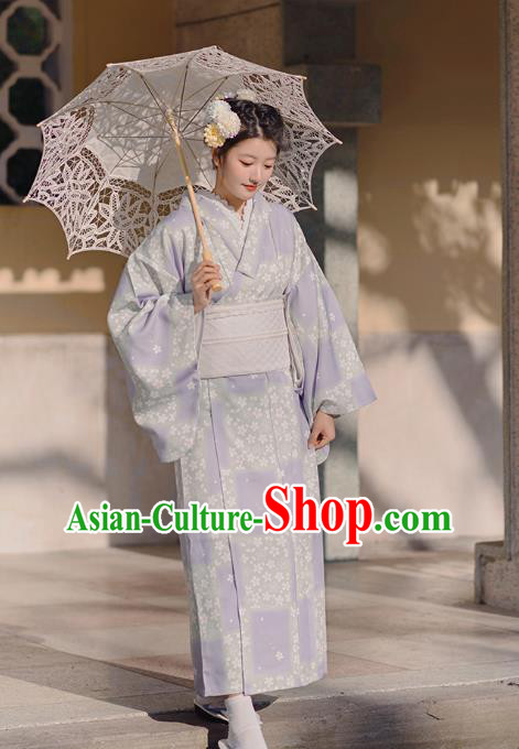 Japanese Traditional Young Lady Yukata Dress Asian Japan Printing Sakura Lilac Kimono Fashion