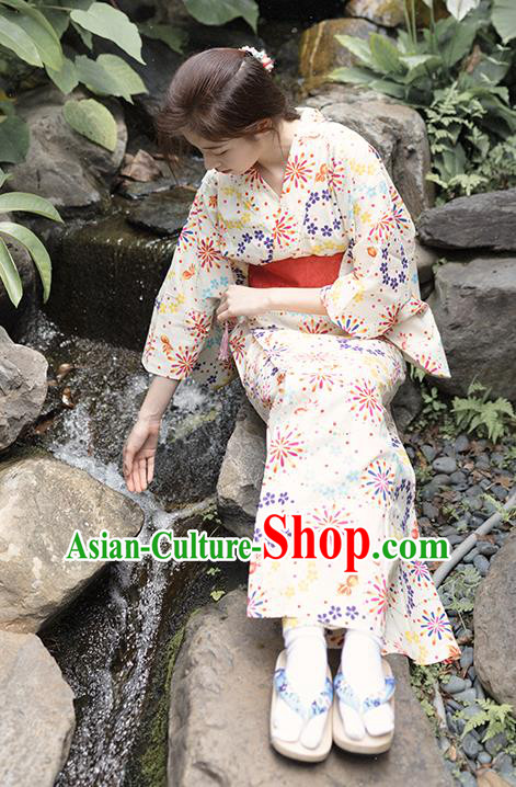 Asian Japan Printing Fairworks Beige Kimono Fashion Japanese Traditional Hanabi Taikai Yukata Dress