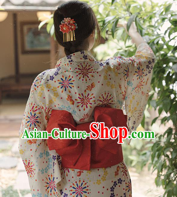 Asian Japan Printing Fairworks Beige Kimono Fashion Japanese Traditional Hanabi Taikai Yukata Dress