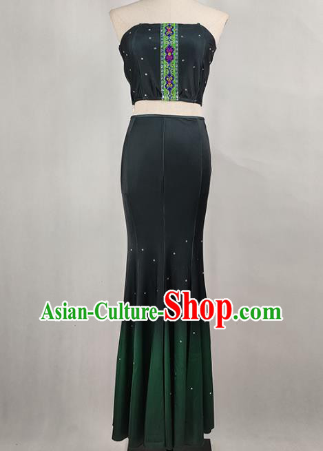 China Traditional Dai Nationality Stage Performance Clothing Yunnan Ethnic Peacock Dance Atrovirens Dress Outfits