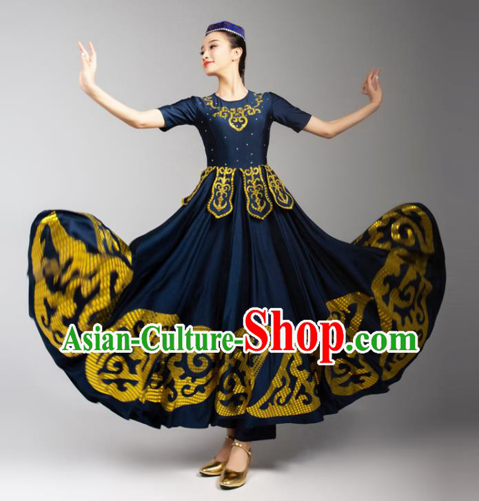 China Mongolian Ethnic Woman Dance Navy Dress Traditional Mongol Nationality Stage Performance Clothing