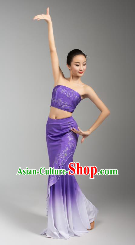 China Traditional Dai Nationality Woman Clothing Yunnan Ethnic Peacock Dance Purple Dress Outfits