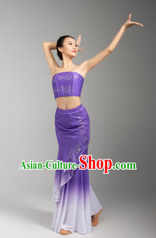 China Traditional Dai Nationality Woman Clothing Yunnan Ethnic Peacock Dance Purple Dress Outfits