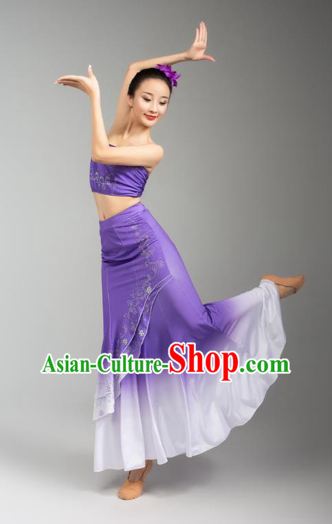 China Traditional Dai Nationality Woman Clothing Yunnan Ethnic Peacock Dance Purple Dress Outfits