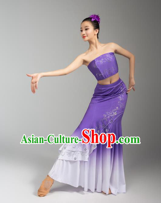 China Traditional Dai Nationality Woman Clothing Yunnan Ethnic Peacock Dance Purple Dress Outfits