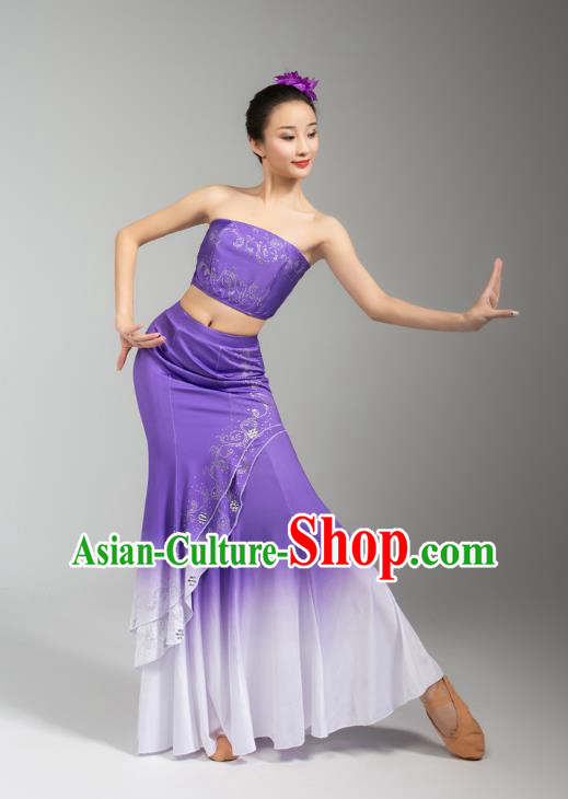 China Traditional Dai Nationality Woman Clothing Yunnan Ethnic Peacock Dance Purple Dress Outfits