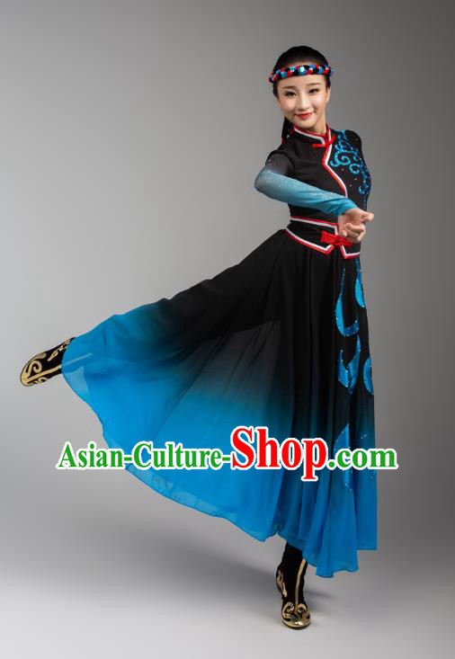 China Traditional Mongol Nationality Woman Clothing Mongolian Ethnic Goose Dance Blue Black Dress Outfits