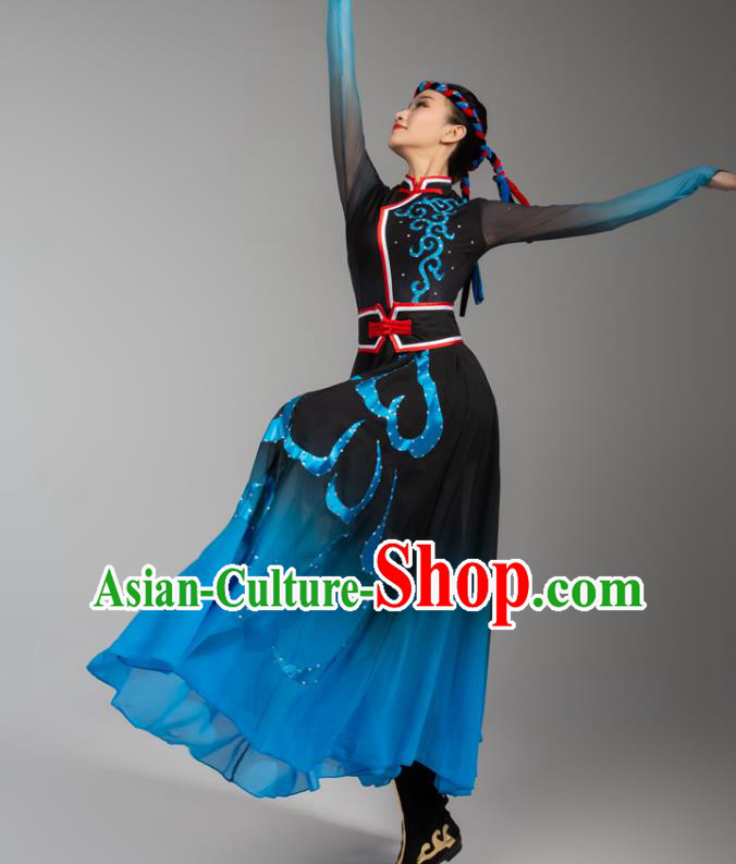 China Traditional Mongol Nationality Woman Clothing Mongolian Ethnic Goose Dance Blue Black Dress Outfits