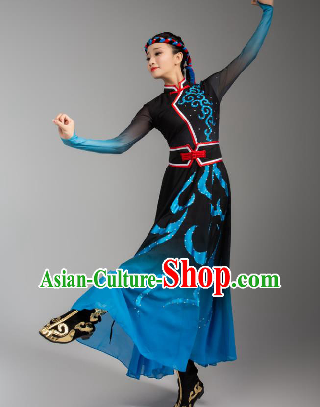 China Traditional Mongol Nationality Woman Clothing Mongolian Ethnic Goose Dance Blue Black Dress Outfits