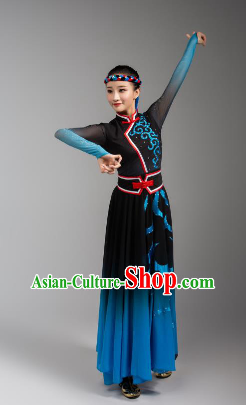 China Traditional Mongol Nationality Woman Clothing Mongolian Ethnic Goose Dance Blue Black Dress Outfits