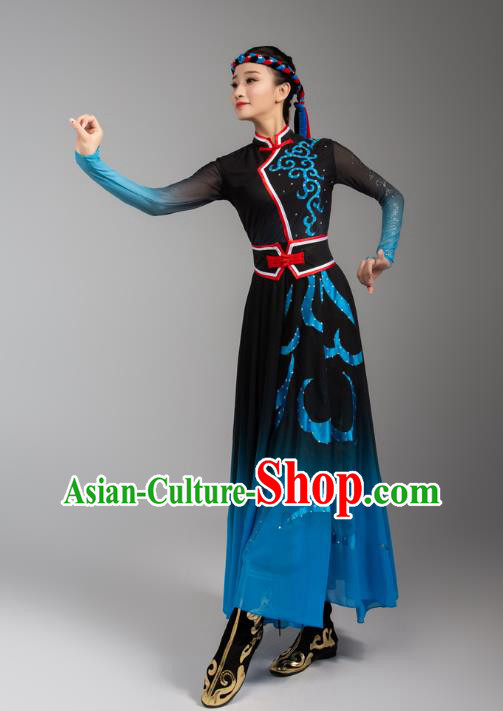China Traditional Mongol Nationality Woman Clothing Mongolian Ethnic Goose Dance Blue Black Dress Outfits