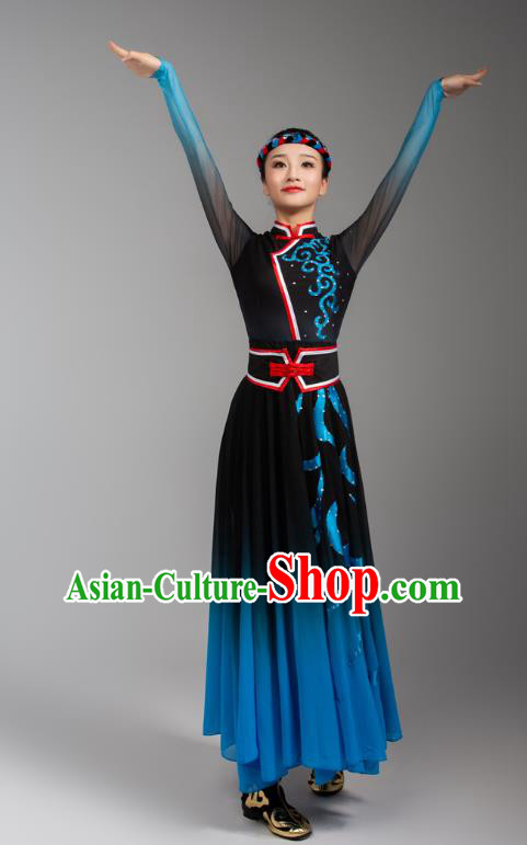 China Traditional Mongol Nationality Woman Clothing Mongolian Ethnic Goose Dance Blue Black Dress Outfits
