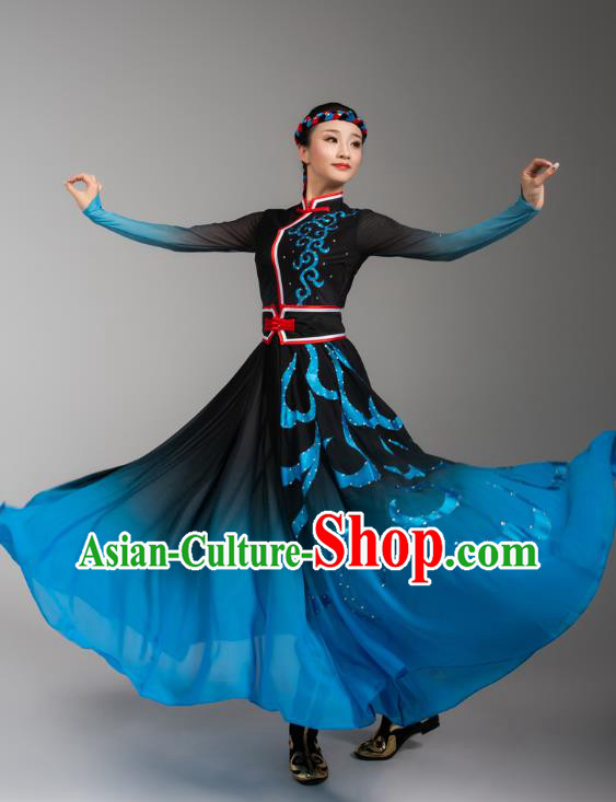 China Traditional Mongol Nationality Woman Clothing Mongolian Ethnic Goose Dance Blue Black Dress Outfits