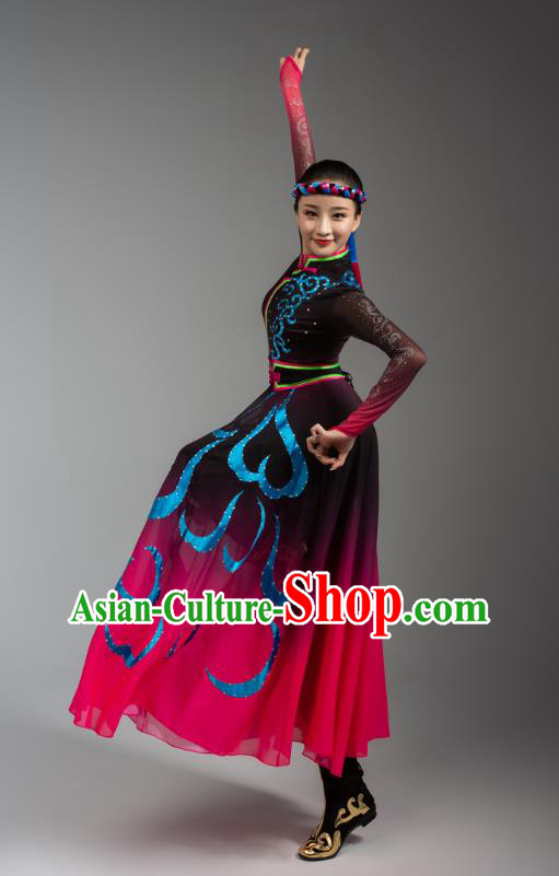 China Mongolian Ethnic Goose Dance Rosy Dress Outfits Traditional Mongol Nationality Woman Clothing