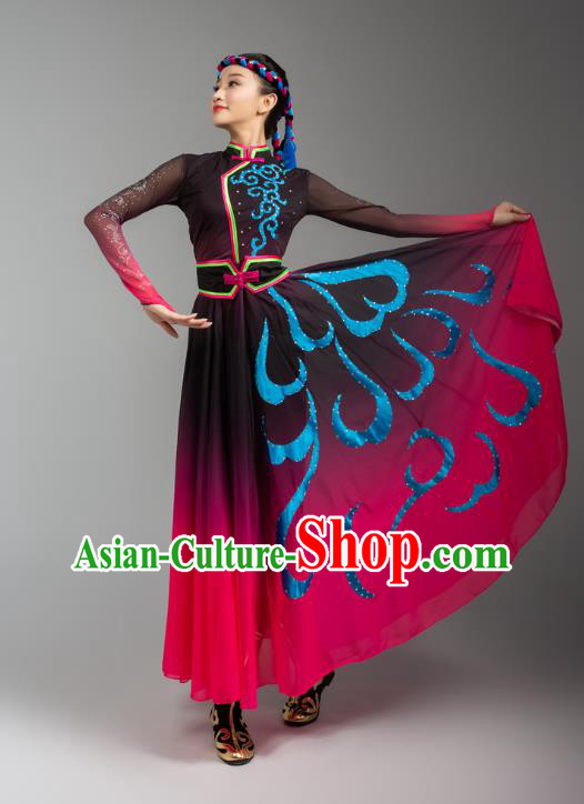 China Mongolian Ethnic Goose Dance Rosy Dress Outfits Traditional Mongol Nationality Woman Clothing