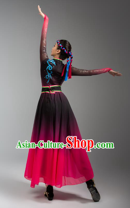 China Mongolian Ethnic Goose Dance Rosy Dress Outfits Traditional Mongol Nationality Woman Clothing