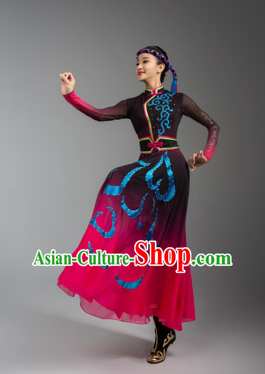 China Mongolian Ethnic Goose Dance Rosy Dress Outfits Traditional Mongol Nationality Woman Clothing