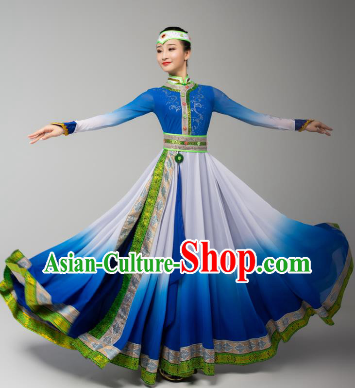 China Mongolian Ethnic Folk Dance Blue Dress Outfits Traditional Mongol Nationality Performance Clothing