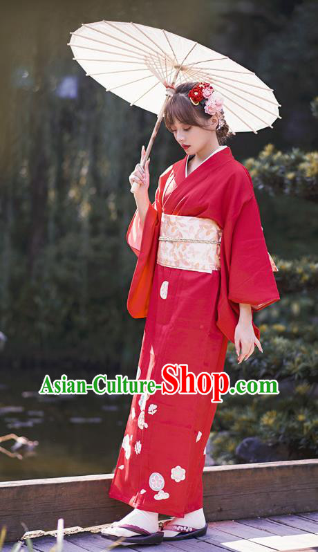 Japanese Traditional Hanabi Taikai Printing Red Yukata Dress Asian Japan Young Lady Kimono Clothing