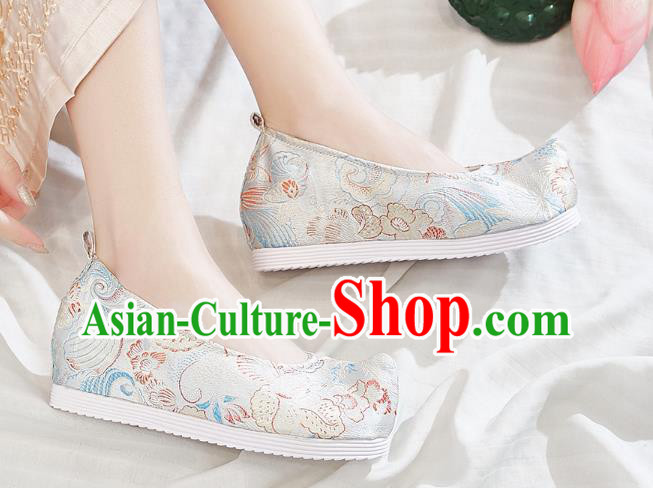 China Traditional Princess Hanfu Bow Shoes Handmade Woman Shoes National Beige Brocade Shoes