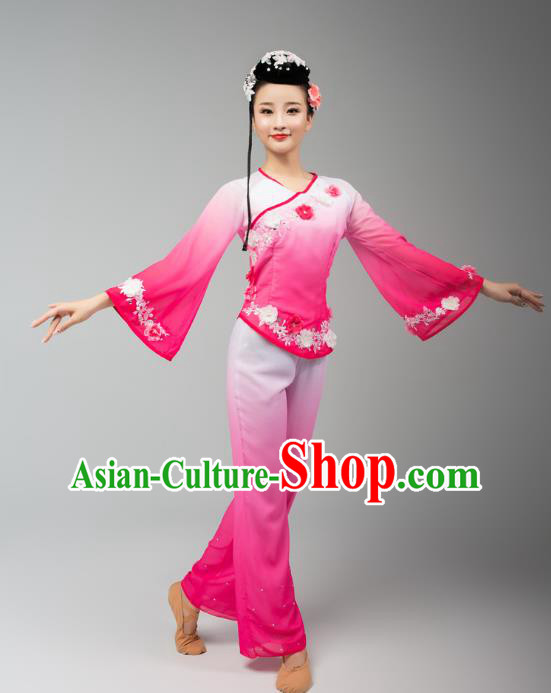 China Folk Dance Yangko Dance Pink Uniforms Fan Dance Stage Performance Clothing