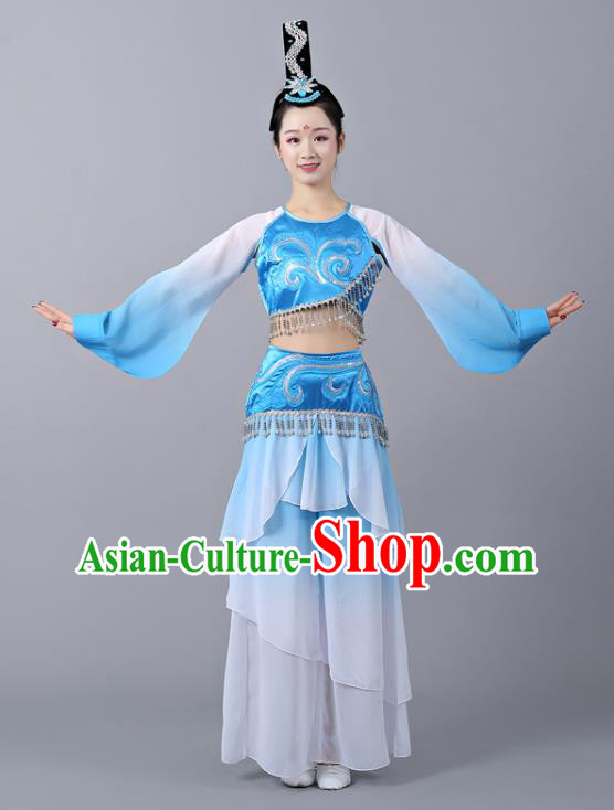 Chinese Traditional Classical Dance Performance Costumes Court Dance Blue Hanfu Dress and Headdress