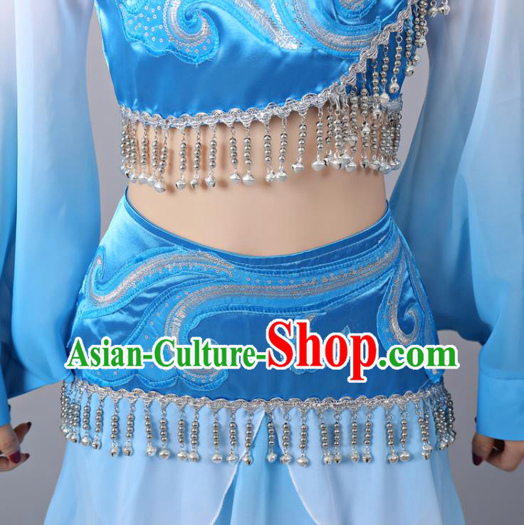 Chinese Traditional Classical Dance Performance Costumes Court Dance Blue Hanfu Dress and Headdress