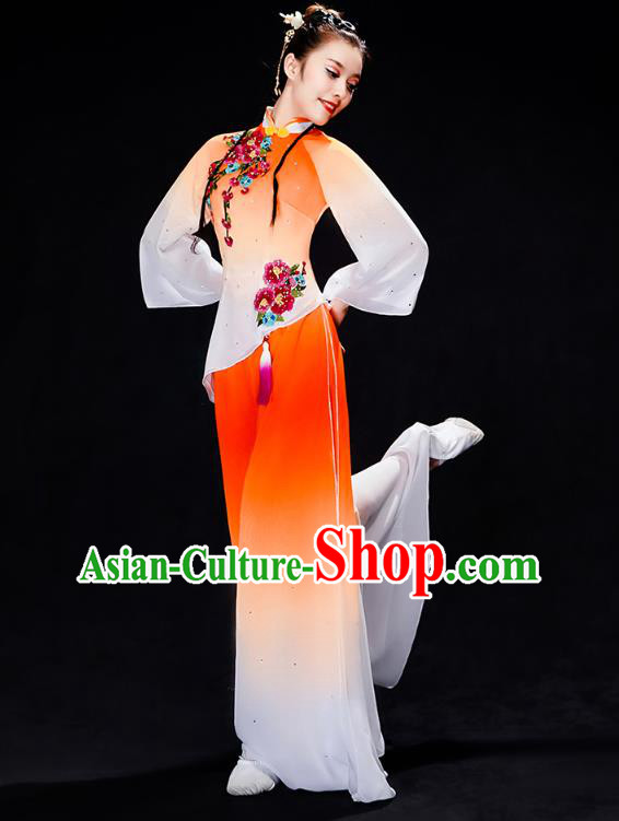 China Folk Dance Performance Orange Uniforms Fan Dance Yangko Dance Clothing