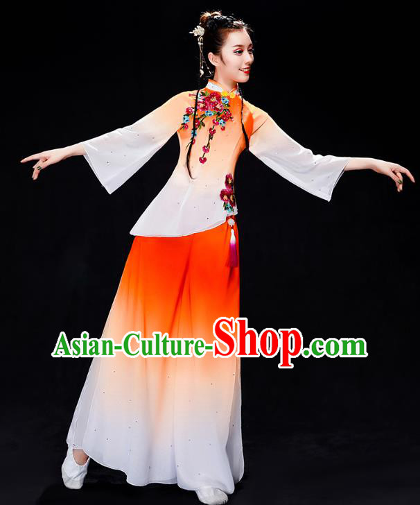 China Folk Dance Performance Orange Uniforms Fan Dance Yangko Dance Clothing
