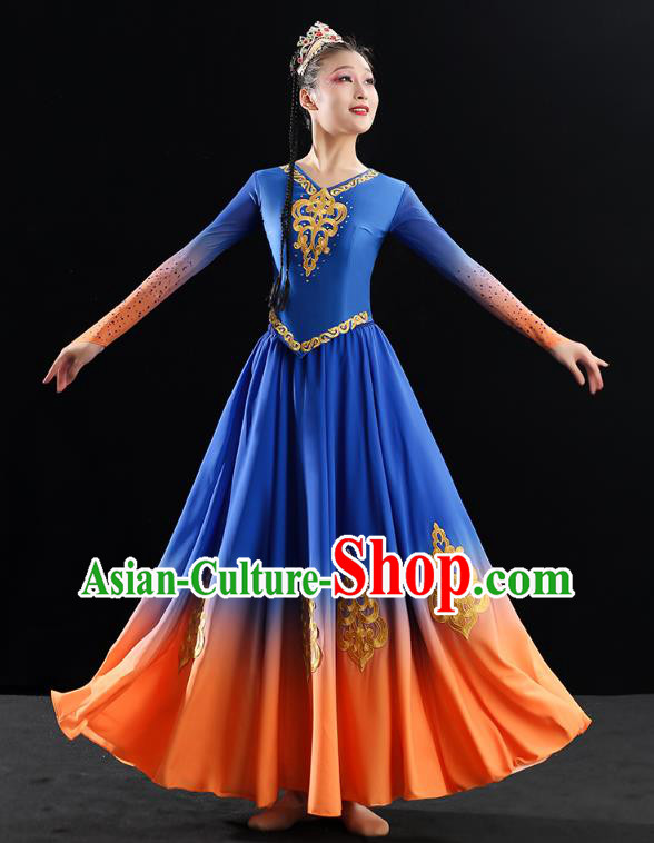 China Traditional Uyghur Nationality Folk Dance Clothing Xinjiang Ethnic Stage Performance Blue Dress Outfits