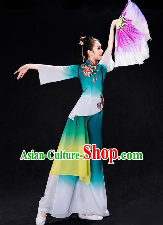 China Fan Dance Yangko Dance Clothing Folk Dance Solo Dance Green Uniforms