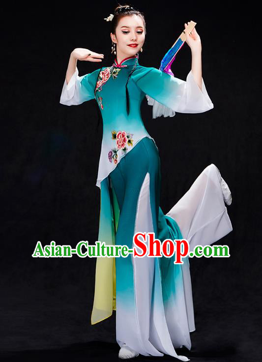 China Fan Dance Yangko Dance Clothing Folk Dance Solo Dance Green Uniforms