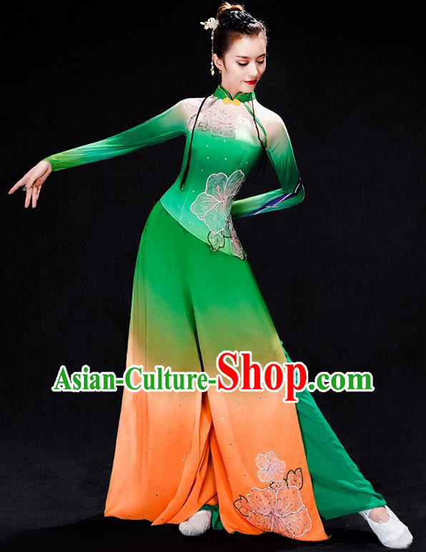 Chinese Umbrella Dance Clothing Traditional Classical Dance Performance Costumes Fan Dance Green Outfits